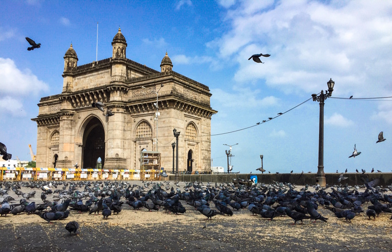 Duiven bij Gateway of India in Mumbai