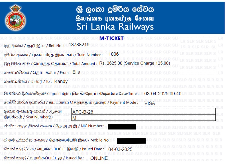 Ticket trein Ella Kandy