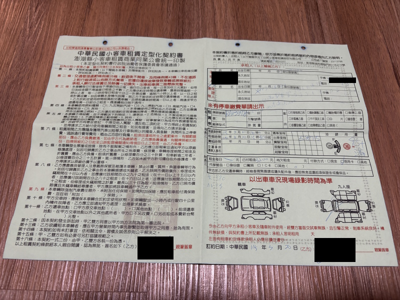 Taiwan huurauto contract